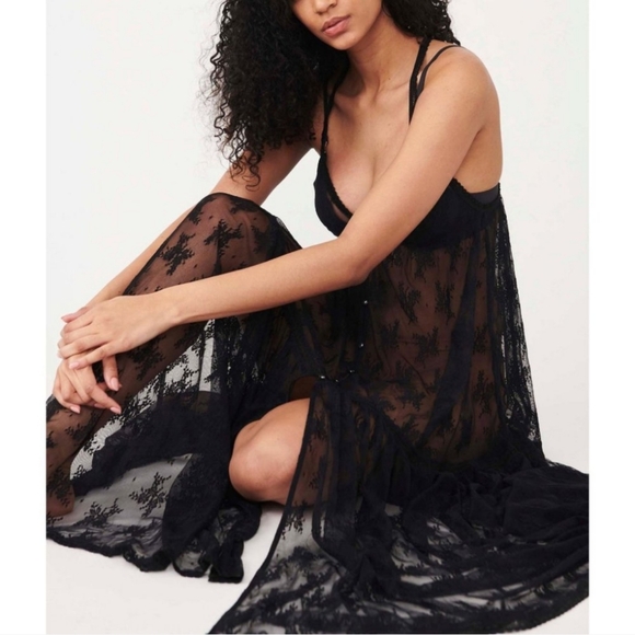 Free People In The Breeze Maxi Slip Floral Lace Button Front Tiered Black Sm NWT - Picture 12 of 14
